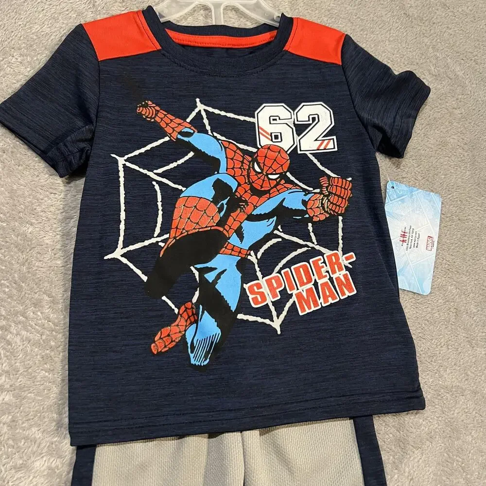 Marvel Spider-Man Shirt Shorts Set Toddler Boys 2T Blue Mesh 2 Piece Outfit